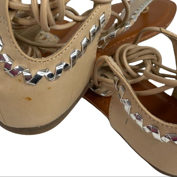 Express Faux Leather Gladiator Lace Up Sandals Tan Silver Size 8 - Picture 6 of 9